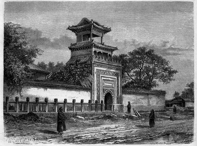 Moskeen i Pekin (Beijing) på 1870-tallet. Gravering etter en tegning av Deroy, i "" Le Tour du Monde, Nouveau journal des Voyages", redigert av Edouard Charton, Paris av Deroy (after)