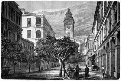 Utsikt over det historiske klokketårnet i Hong Kong. Gravering etter en tegning av Deroy, i "" Le Tour du Monde, Nouveau journal des Voyages", redigert av Edouard Charton, Paris av Deroy (after)