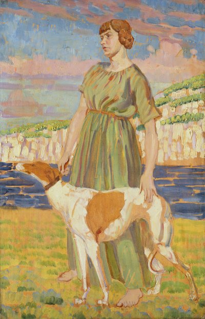 Portrett av Elizabeth Lipczinski med hunden hennes Fanny, ca. 1911-12 av Derwent Lees