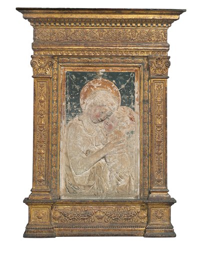 Relieff av jomfruen og barnet (forgylt og polykrom stukk) av Desiderio da Settignano (after)