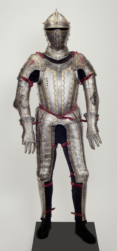 Field Armour, from a Garniture, sannsynligvis laget for Ludwig Ungnad von Weissenwolf auf Sunegg, ca. 1552 (stål med preget, etset, svertet og forgylt dekorasjon, med moderne messing, fløyel, lær og stål) av Desiderius Helmschmid