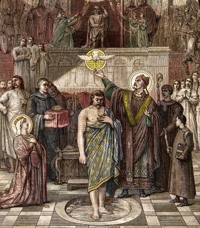 Saint Remigius baptizes Clovis in Reims - The baptism of the King of the Francs Clovis I (466-511) in Reims by the Eveque Saint Remi on 25/12/496 (or 499) - engraving after the painting by Desire Francois Laugee av Desire Francois Laugee