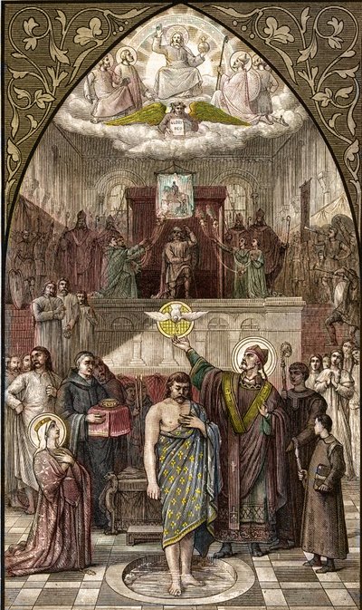 Saint Remigius baptizes Clovis in Reims - The baptism of the King of the Francs Clovis I (466-511) in Reims by the Eveque Saint Remi on 25/12/496 (or 499) - engraving after the painting by Desire Francois Laugee av Desire Francois Laugee