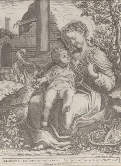 Den hellige familie i Egypt, med Joseph som snekker i bakgrunnen ..., [1577], utgitt på nytt 1774. av Diana Mantuana