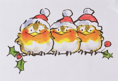 Christmas Robins (blekk og wc på papir) av Diane Matthes