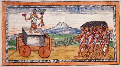 Aztekerne transporterer steiner for å bygge byene sine, strekker akvarell fra History of the Indies av Diego Duran (1537-1588), manuskript, folio 188 recto av Diego Duran