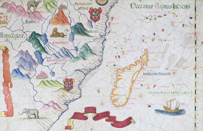 Madagaskar og østafrikansk kystlinje, detalj fra et verdensatlas, 1565 av Diego Homem