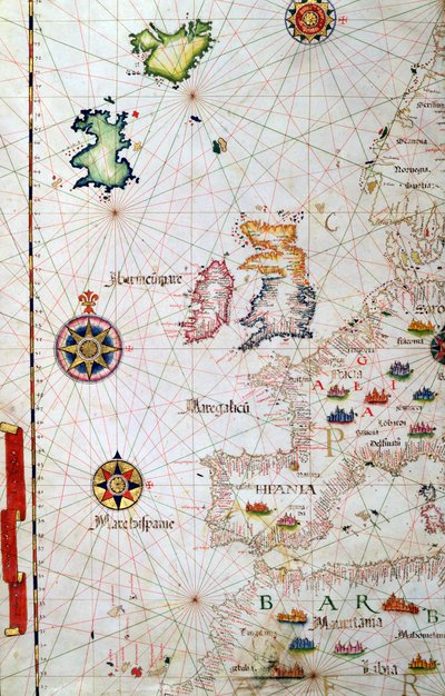De britiske øyer, Iberia og Nordvest-Afrika, detalj fra et verdensatlas, 1565 av Diego Homem