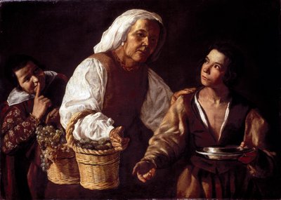 The Two Boys and the Old Fruit Woman eller den gamle fruktselgeren (To gutter og den gamle fruktselgeren). Maleri av Diego Rodriguez av Silva Velazquez (Velasquez av Diego Rodriguez de Silva y (attr. to) Velazquez