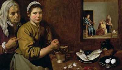 Kjøkkenscene med Kristus i huset til Martha og Maria, ca. 1618 (olje på lerret) av Diego Velázquez