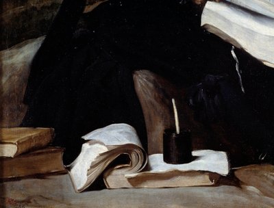 Portrett av narren Diego de Acedo, detalj. Bøker. Maleri av Diego Rodriguez de Silva og Velasquez (1599-1660) av Diego Velázquez
