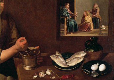 Kjøkkenscene med Kristus i huset til Martha og Maria (detalj av Mat på bordet med Kristus, Marta og Maria i bakgrunnen, se 99423), ca. 1618 av Diego Velázquez