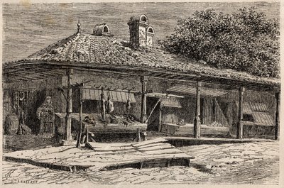 En slakterbutikk og et bakeri i Bucuresti (Romania). Gravering for å illustrere turen fra Paris til Bucuresti av Lancelot, designer, i 1860, i "Le tour du monde, nouveau journal des voyages", utgitt under ledelse av Edouard Charton av Dieudonne Auguste Lancelot