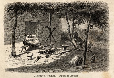 En sigøynersmie i regionen Walachia, Romania. Gravering for å illustrere reisen fra Paris til Bucuresti, av Lancelot, tegner, i 1860, publisert i "Le tour du monde, nouveau journal des voyages", under ledelse av Edouard Charton av Dieudonne Auguste Lancelot