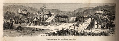 En sigøynerlandsby. Gravering for å illustrere reisen fra Paris til Bucuresti, av Lancelot, tegner, i 1860, publisert i "Le tour du monde, nouveau journal des voyages", under ledelse av Edouard Charton av Dieudonne Auguste Lancelot