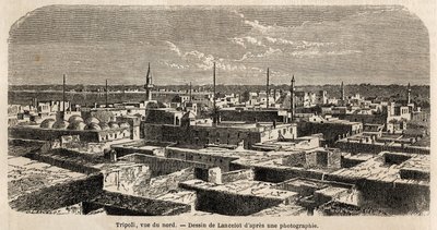 Generell utsikt over Tripoli, tegning av Lancelot, for å illustrere tripolitanske vandringer, i 1860, til Baron de Krafft. Gravering i “” Le tour du monde”” 1861. Selvas samling. av Dieudonne Auguste Lancelot