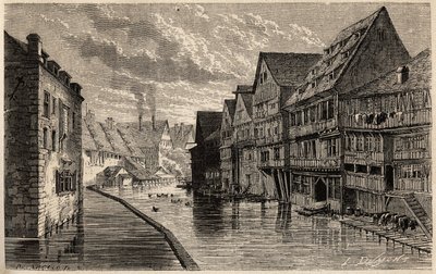 Gamle garverier, i Ulm, tegning av Lancelot, for å illustrere Victor Duruys reise fra Paris til Bucuresti i 1860. Gravering i "" Le tour du monde", redigert av Edouard Charton av Dieudonne Auguste Lancelot