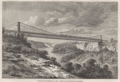 Niagara Double Bridge, tegning av Lancelot, for å illustrere L. Devilles reiser til Nord-Amerika i 1854-55. Gravering i “” Le tour du monde”” 1861. Selvas samling. av Dieudonne Auguste Lancelot