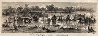 Fiskene i Apathin (Serbia), ved Donau. Tegning av Lancelot, for å illustrere hans reise fra Paris til Bucuresti i 1860. Gravering i "" Le tour du monde"", redigert av Edouard Charton av Dieudonne Auguste Lancelot