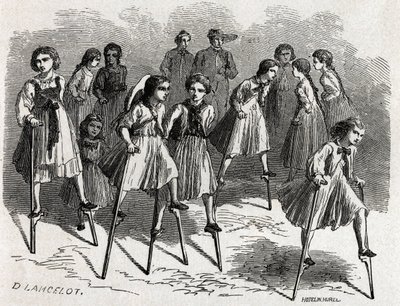 Spillet av echasse ved Ulm, designet av Lancelot, for å illustrere Victor Duruys reise fra Paris til Bucuresti i 1860. Gravering i "" Le tour du monde", redigert av Edouard Charton av Dieudonne Auguste Lancelot