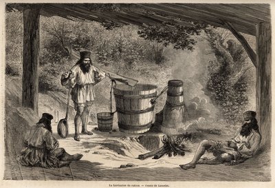 Produksjon av rakiou, kornalkohol, slags snaps veldig vanlig i Romania. Gravering for å illustrere reisen fra Paris til Bucuresti, av Lancelot, tegner, i 1860, publisert i "Le tour du monde, nouveau journal des voyages", under instruksen av Dieudonne Auguste Lancelot