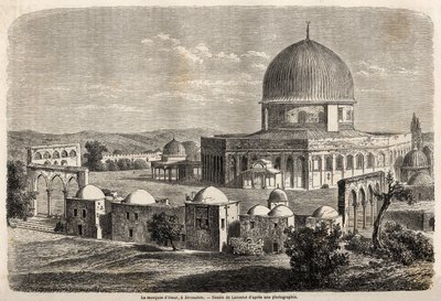 Omar-moskeen, bygget i 691 i Jerusalem, tegnet av Lancelot, for å illustrere Mr. Bidas reise til Palestina i 1856. Gravering i "" Le tour du monde, nouveau journal des voyages"" Paris av Dieudonne Auguste Lancelot