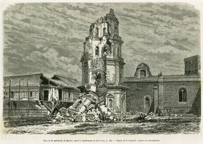 Tower of the Cathedrale of Manila, etter jordskjelvet 18. juli 1880. Gravering av Lancelot for å illustrere historien Lucon og Palaouan, seks år på Filippinene, av Alfred Marche av Dieudonne Auguste Lancelot
