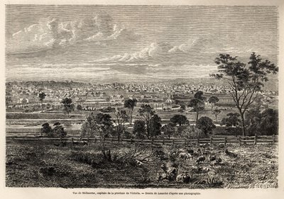 Utsikt over Melbourne (Australia), tegning av Lancelot, for å illustrere minnene om en fransk husokkupant i Australia, i 1854-1859, av M. de Castella. Gravering i “” Le tour du monde”” 1861. Selvas samling. av Dieudonne Auguste Lancelot
