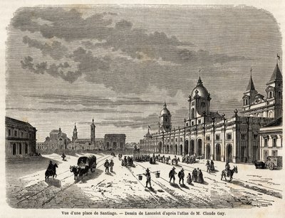 Utsikt over et torg i Santiago (Chile), tegning av Lancelot, for å illustrere reisen til Sør-Amerika, i 1823, av Giovanni Mastai Ferretti (1792-1878, fremtidig Pius IX). Gravering i "" Le tour du monde, nouveau journal des voyages"" Paris av Dieudonne Auguste Lancelot