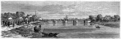 Utsikt over broen over Suzhou-elven nær Shanghai i 1860, Kina. Gravering av Lancelot, i "" Le Tour du Monde, Nouveau journal des Voyages"", redigert av Edouard Charton, Paris av Dieudonne Auguste Lancelot
