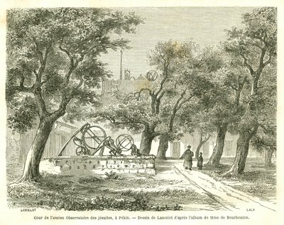 Utsikt over gårdsplassen til det tidligere jesuittobservatoriet i Pekin (Beijing), Kina. Gravering av Lancelot, i "" Le Tour du Monde, Nouveau journal des Voyages", redigert av Edouard Charton, Paris av Dieudonne Auguste Lancelot