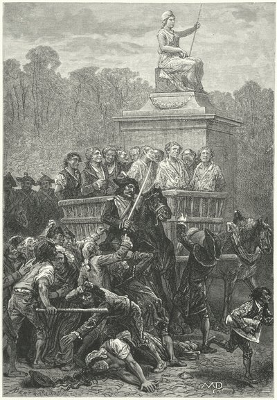 En tumbril full av fanger på vei til guiilotinen, den franske revolusjonen (gravering) av Diogene Ulysse Napoleon Maillart