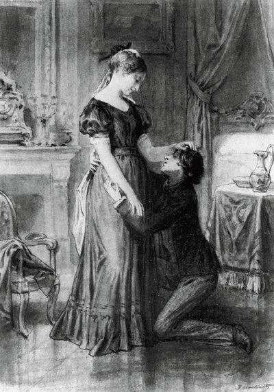 Illustrasjon for Confession of Child of Century, roman av Alfred de Musset (1810-1857), gravering etter tegning av Diogene Ulyssee Napoleon Maillart (1840-1926) av Diogene Ulysse Napoleon Maillart