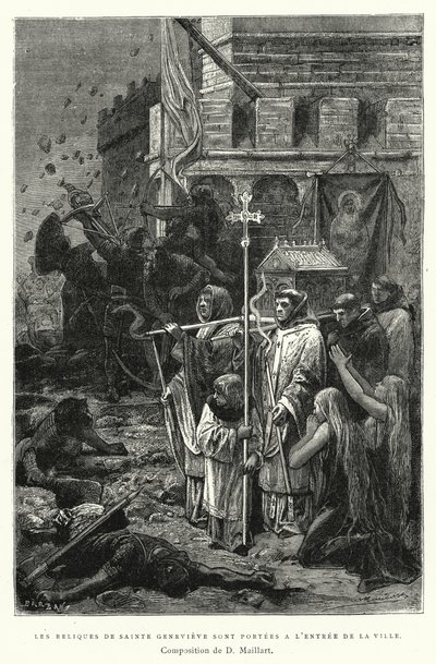 Relikviene til Saint Genevieve bæres ved inngangen til byen (gravering) av Diogene Ulysse Napoleon Maillart