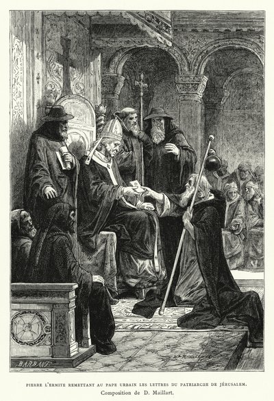 Eremitten Peter leverer til pave Urban brevene til patriarken av Jerusalem (gravering) av Diogene Ulysse Napoleon Maillart