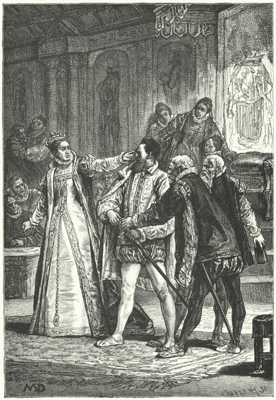 Jarlen av Essex truet med å trekke sverdet sitt etter at dronning Elizabeth I la ham i håndjern rundt øret for hans uforskammethet, 1598 av Diogene Ulysse Napoleon Maillart