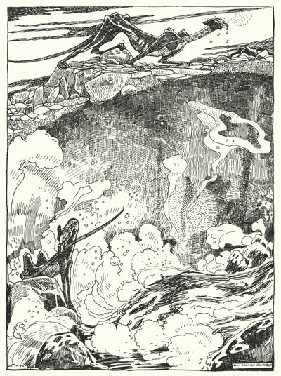 "Vi så dragevalpene gå ned til bassenget for å drikke og rense seg" (gravering) av Dion Clayton Calthrop
