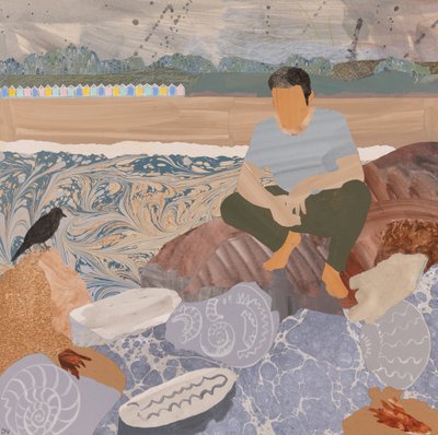 Strandhytter og fossiler (kollasje) av Dione Verulam