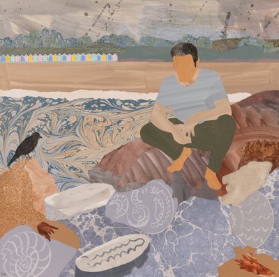 Strandhytter og fossiler (kollasje) av Dione Verulam