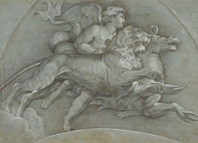 En bevinget Putto som rir på en sjøhest og en løve etter Raphael, verso..., 1574. av Dionisio Calvaert