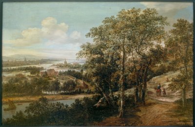 Bredt elvelandskap med en rytter og andre figurer i forgrunnen av Dionys Verburg