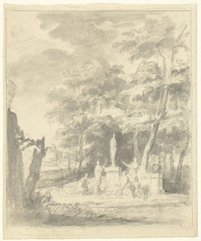 Arkadisk landskap med figurer rundt en statue av Dionys van Nijmegen (possibly)