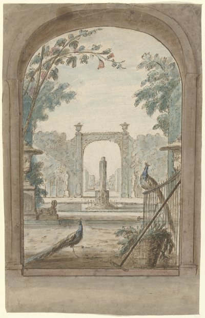 Design for et rommaleri med utsikt gjennom et gjerde på en hage, påfugler og hageredskaper av Dionys van Nijmegen (possibly)