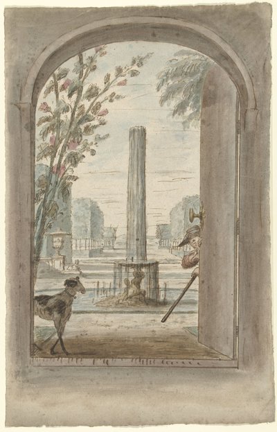Design for et rommaleri med utsikt gjennom en åpen dør i en hage med fontene av Dionys van Nijmegen