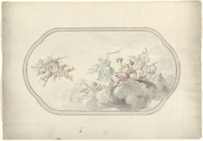Design for et takmaleri med musikkskapende kvinner og putti med en blomsterkurv som allegori på Blijdschap av Dionys van Nijmegen