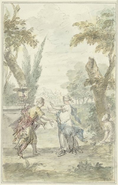 Design for et hallstykke: Amaryllis med bind for øynene griper Myrtillo av Dionys van Nijmegen