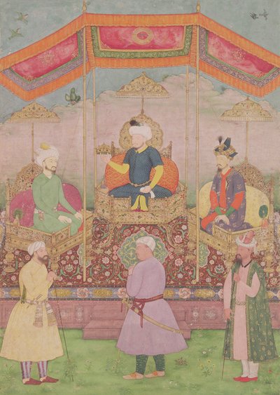 Mughal-keiser Babur og hans sønn, Humayan, indisk miniatyr fra Rajasthan, 1500-tallet av Dip Chand