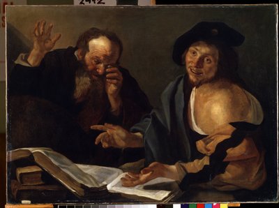 """"Heraklit og Demokrit"" De greske filosofene Heraklit fra Efesos (Heraklit) (535-475 f.Kr.) og Demokrit (Demokrit) (460-370 f.Kr.). Maleri av Theodore van Baburen (Dirk Baburen) (1570/90-1623/4) Mikalo Fine Arts Museum fra 1600-tallet av Dirck Baburen van