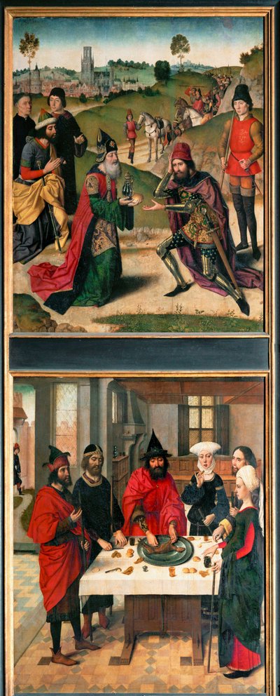 Alteret for den siste nattverd, venstre fløy: øverst: Abraham og Melkisedek (maleri på tre) av Dirck Bouts