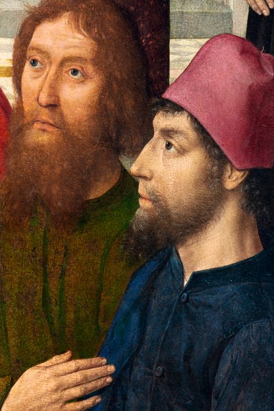 Sognekirke (Saint Peter Parish Church). maleri. Siste måltid. Dirk Bouts. 1464-1468. Detalj. sentralpanel. av Dirck Bouts